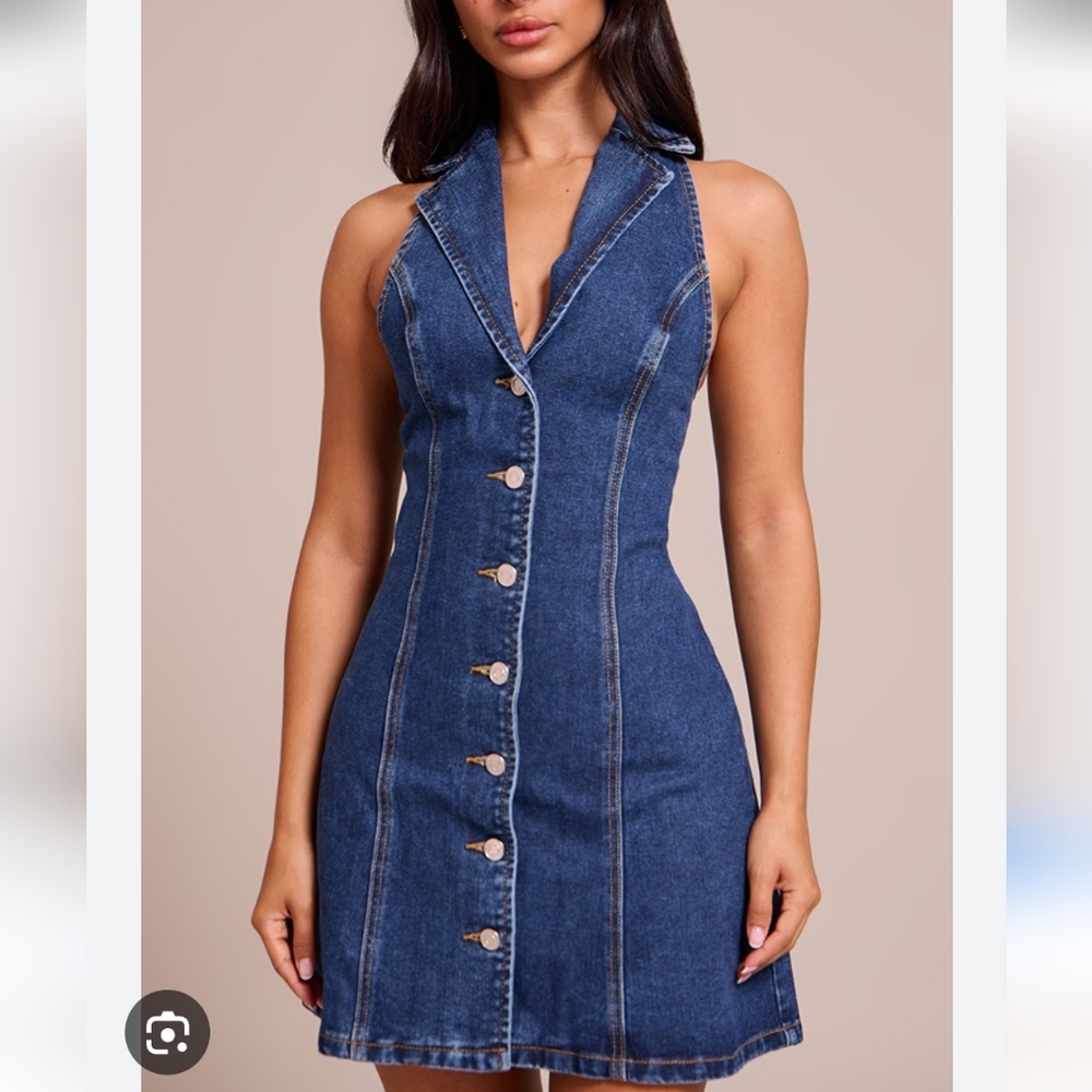 Pretty Little Thing Medium Wash Button  Down Lapel Denim Mini Dress